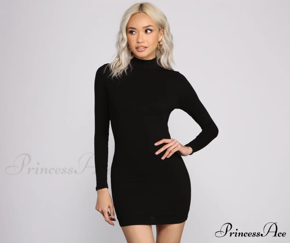 Basic Ribbed Knit Charming Long Sleeve Mini Dress