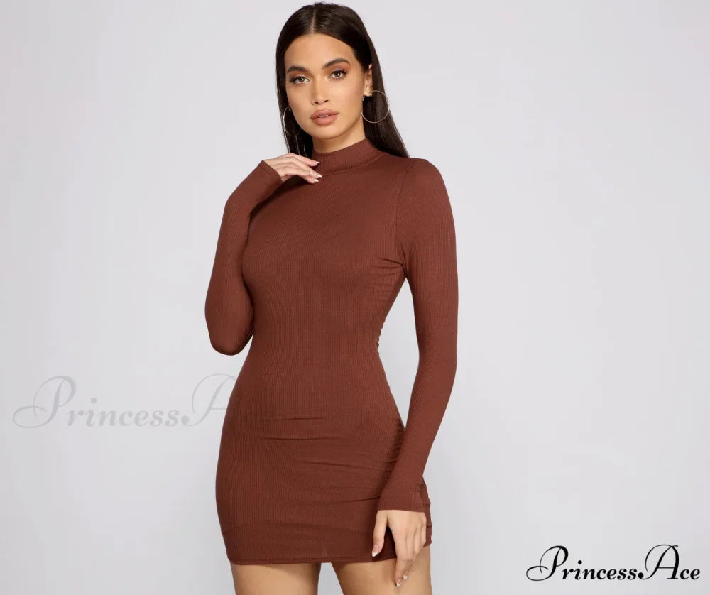 Basic Ribbed Knit Charming Long Sleeve Mini Dress