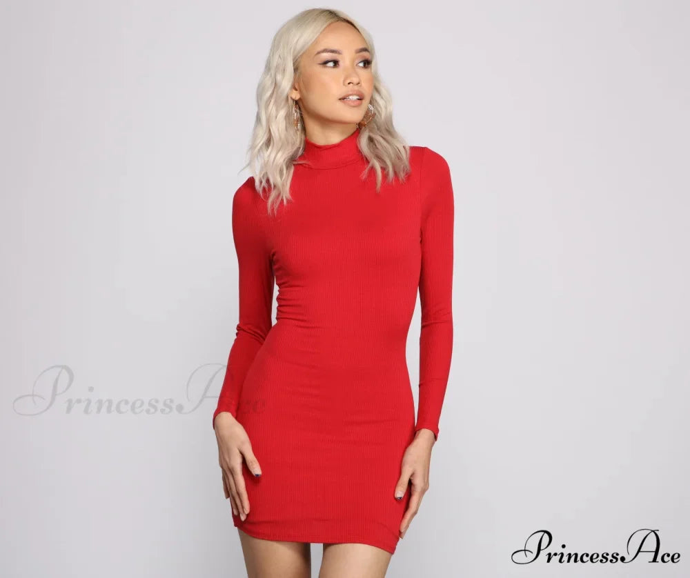 Basic Ribbed Knit Charming Long Sleeve Mini Dress