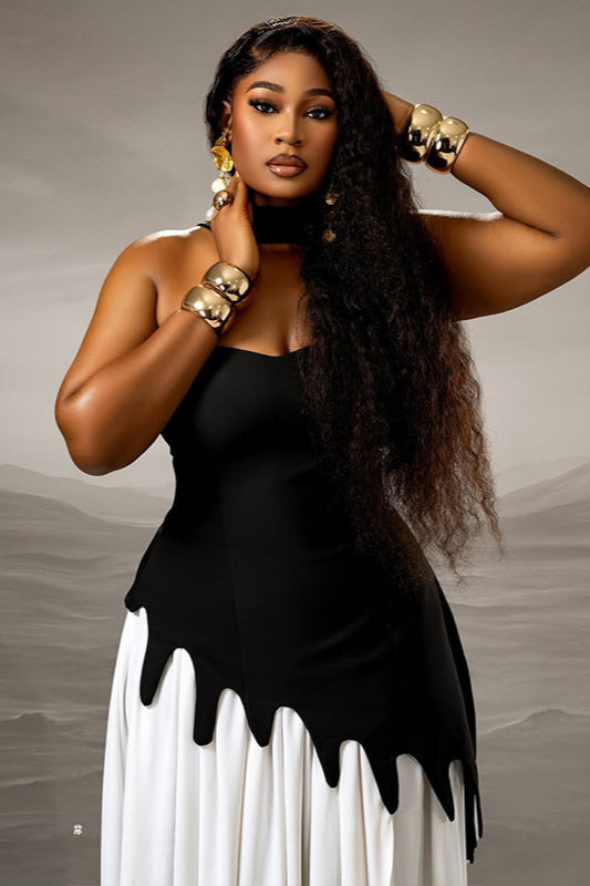 Black and White Color Block Waist-Cinching Maxi Dress