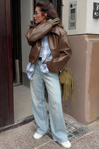 Brown Faux Leather Moto Jacket