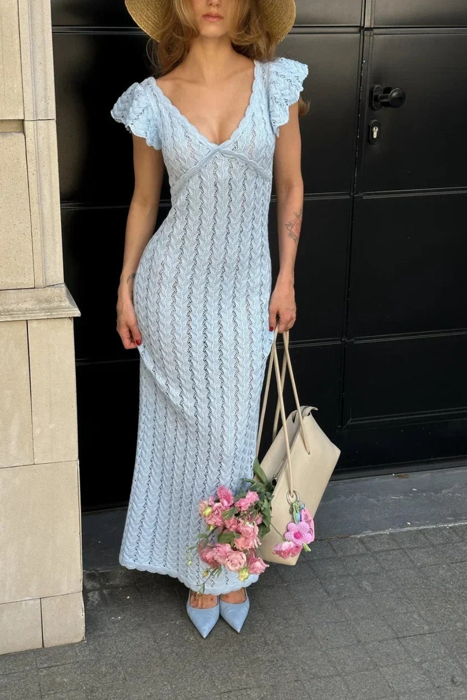 Ruffled Knit Backless V-Neck Boho Dress