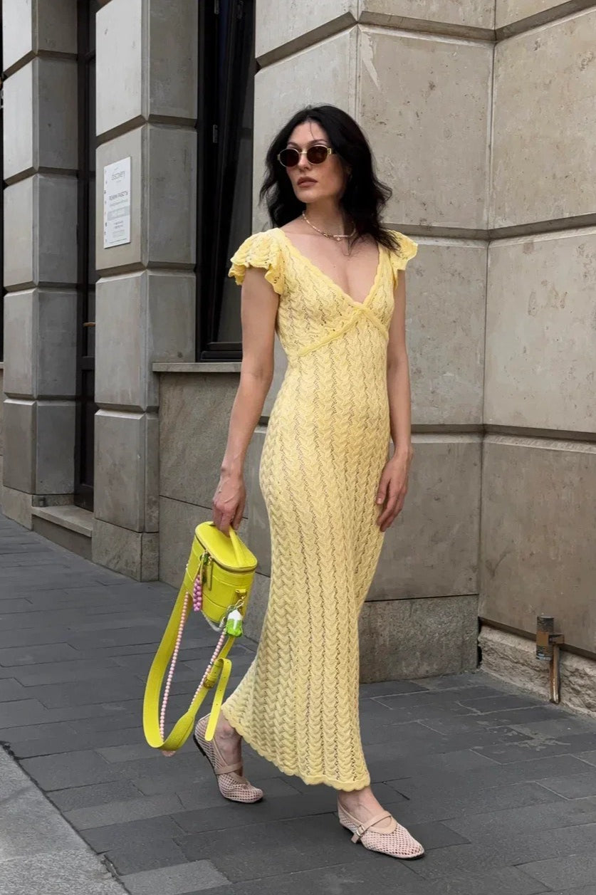 Ruffled Knit Backless V-Neck Boho Dress