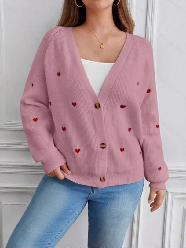 Heart Embroidery V-Neck Knit Cardigan