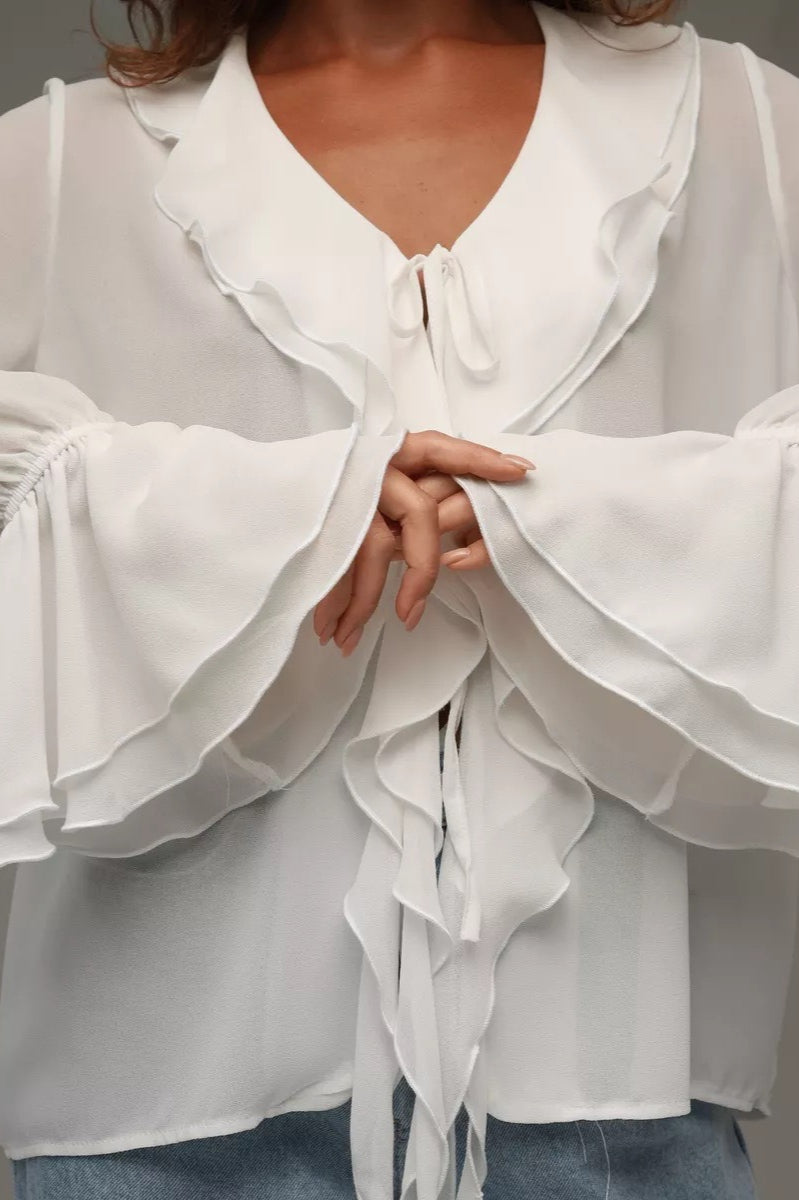 Solid V-Neck Ruffled Flare Sleeve Blouse