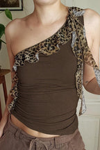 Contrast Tie Strap Leopard Crop Top