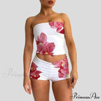 Beach Holiday Lounge Attire 2 Piece Set Floral Pattern Strapless Crop Tube Tops Bandeau + Slim Mini Skirt Wrap Bodycon Women