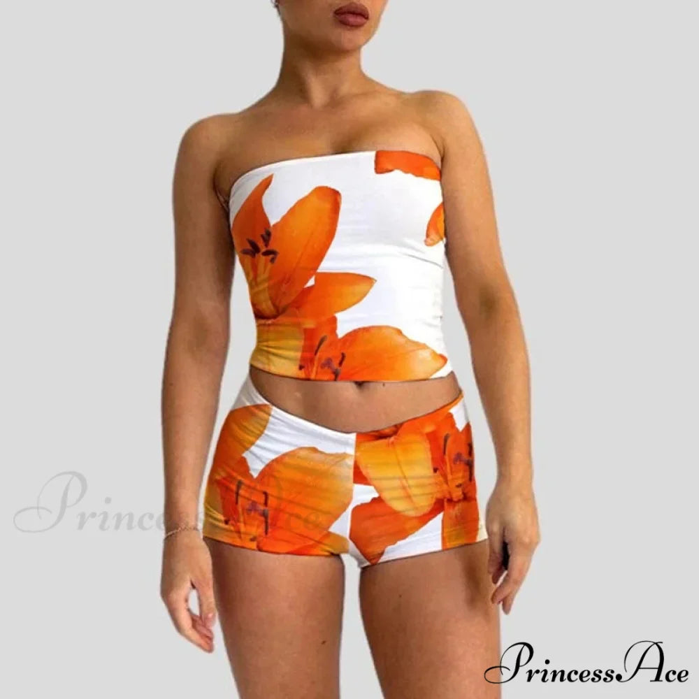 Beach Holiday Lounge Attire 2 Piece Set Floral Pattern Strapless Crop Tube Tops Bandeau + Slim Mini Skirt Wrap Bodycon Women