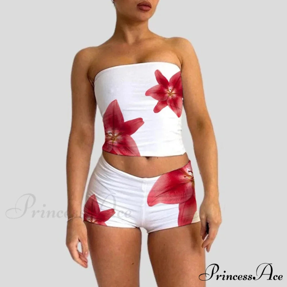Beach Holiday Lounge Attire 2 Piece Set Floral Pattern Strapless Crop Tube Tops Bandeau + Slim Mini Skirt Wrap Bodycon Women