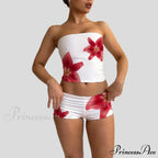 Beach Holiday Lounge Attire 2 Piece Set Floral Pattern Strapless Crop Tube Tops Bandeau + Slim Mini Skirt Wrap Bodycon Women