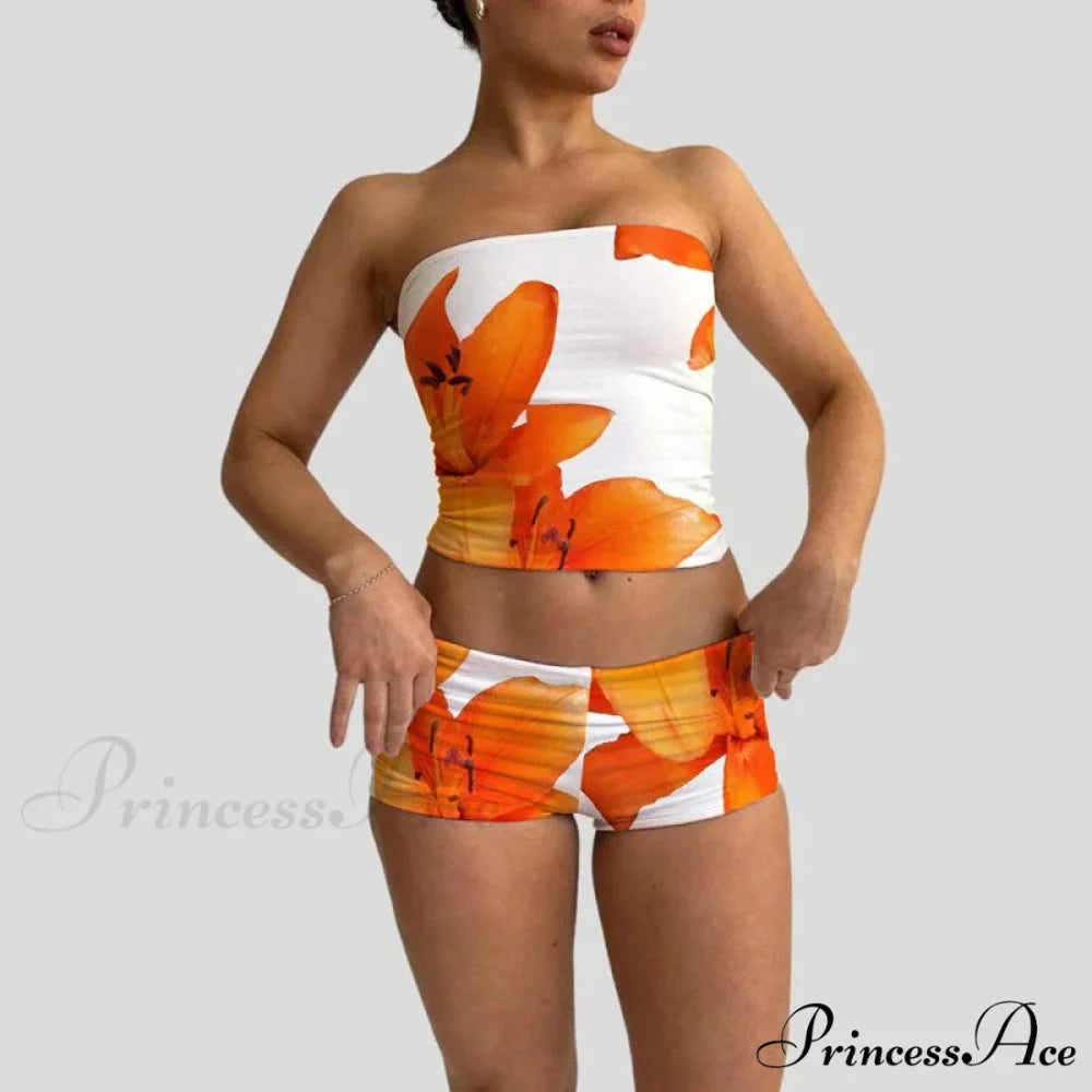Beach Holiday Lounge Attire 2 Piece Set Floral Pattern Strapless Crop Tube Tops Bandeau + Slim Mini Skirt Wrap Bodycon Women