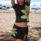 Beach Vacation 2 Piece Floral Print Sheer Mesh Short Sleeve T-Shirt + Mini A-Line Skirt Women Summer Cover-ups Crop Tops Outfits