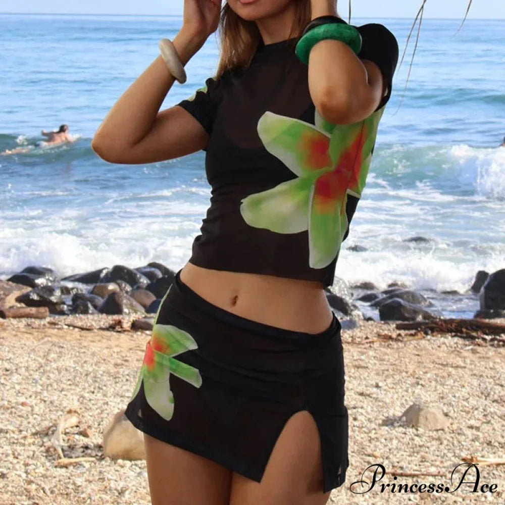 Beach Vacation 2 Piece Floral Print Sheer Mesh Short Sleeve T-Shirt + Mini A-Line Skirt Women Summer Cover-ups Crop Tops Outfits