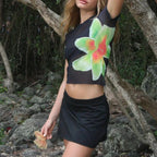 Beach Vacation 2 Piece Floral Print Sheer Mesh Short Sleeve T-Shirt + Mini A-Line Skirt Women Summer Cover-ups Crop Tops Outfits