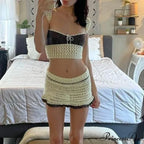 Beach Vacation 2 Piece Sets Crochet Hollow Out Crop Tops Backless Tie Up Knitted Tank Tops + Mini Pencil Skirt Y2K Vintage Outfit