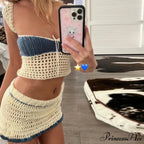 Beach Vacation 2 Piece Sets Crochet Hollow Out Crop Tops Backless Tie Up Knitted Tank Tops + Mini Pencil Skirt Y2K Vintage Outfit