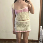 Beach Vacation 2 Piece Sets Crochet Hollow Out Crop Tops Backless Tie Up Knitted Tank Tops + Mini Pencil Skirt Y2K Vintage Outfit