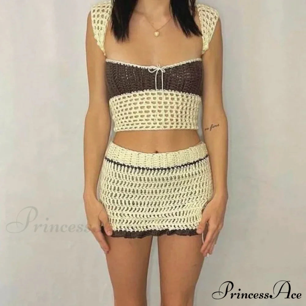 Beach Vacation 2 Piece Sets Crochet Hollow Out Crop Tops Backless Tie Up Knitted Tank Tops + Mini Pencil Skirt Y2K Vintage Outfit