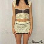 Beach Vacation 2 Piece Sets Crochet Hollow Out Crop Tops Backless Tie Up Knitted Tank Tops + Mini Pencil Skirt Y2K Vintage Outfit