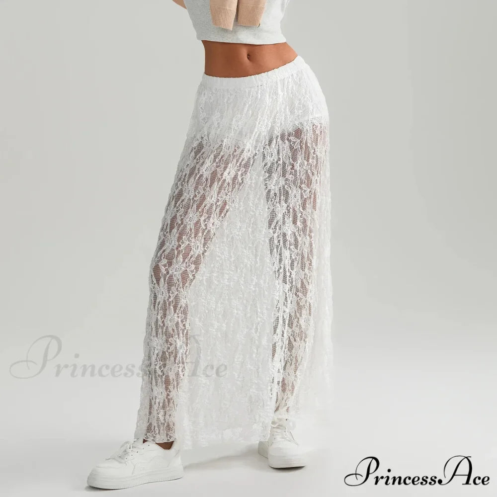 Beachwear Flowery Lace Lotus Border Perspective Long Skirt
