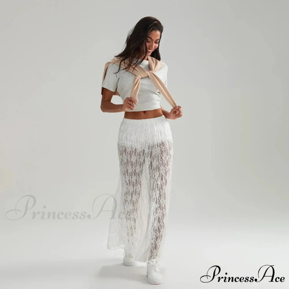 Beachwear Flowery Lace Lotus Border Perspective Long Skirt