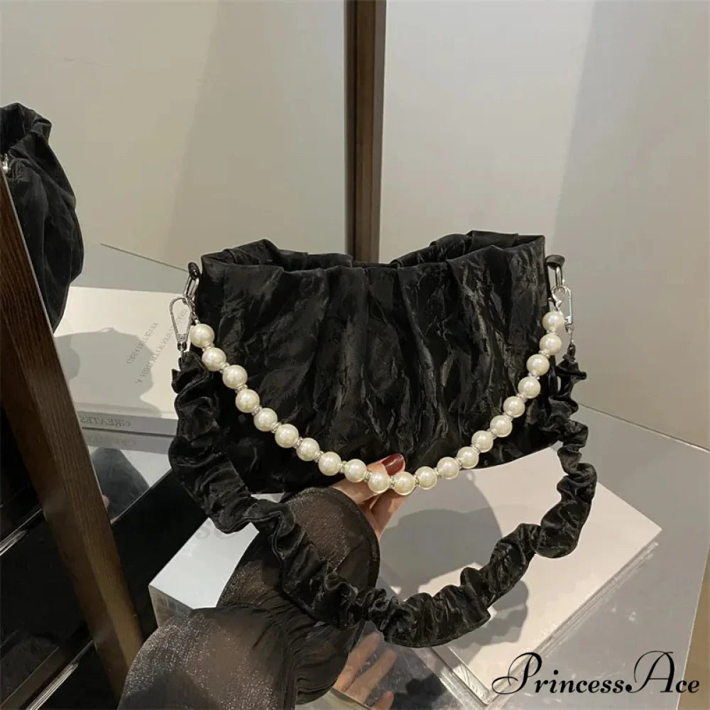 Beaded Chain Pleated Underarm Crossbody Handbag