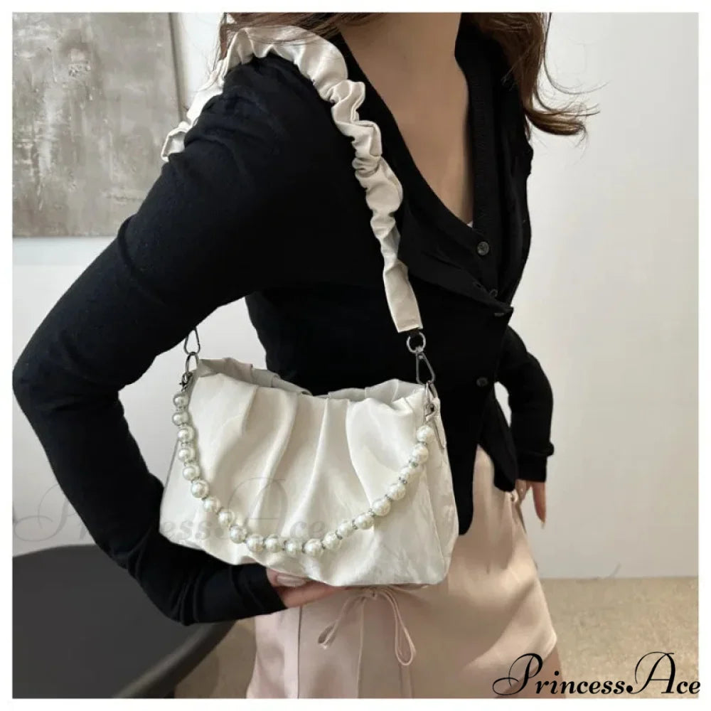 Beaded Chain Pleated Underarm Crossbody Handbag