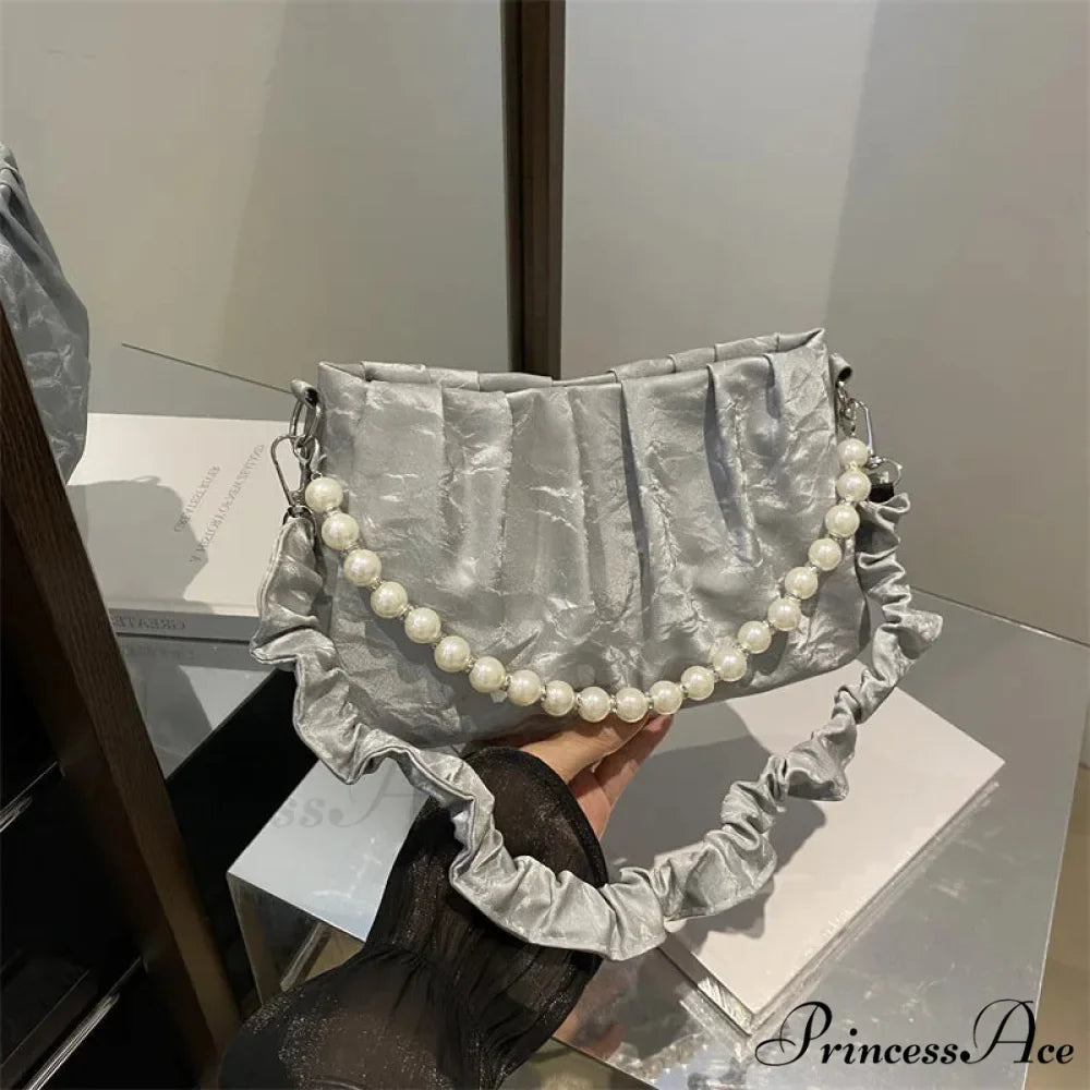 Beaded Chain Pleated Underarm Crossbody Handbag