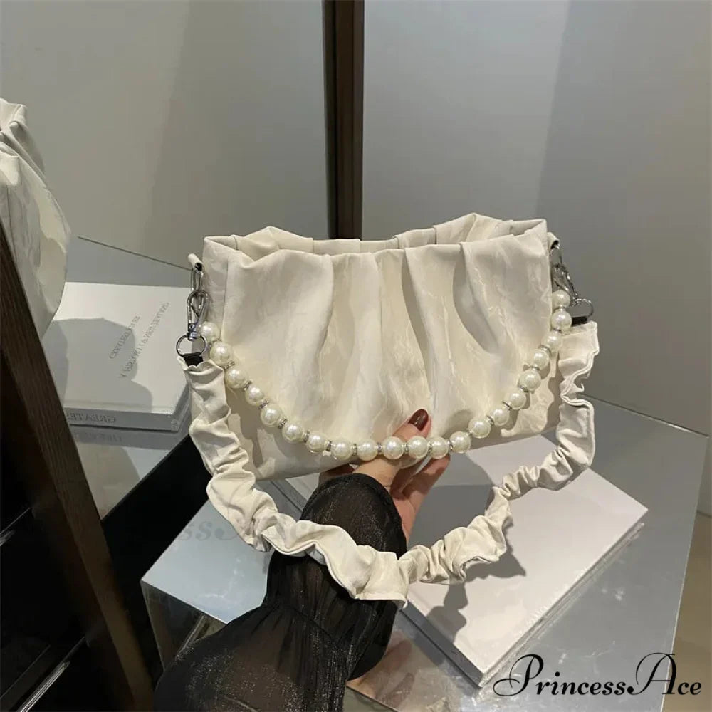 Beaded Chain Pleated Underarm Crossbody Handbag