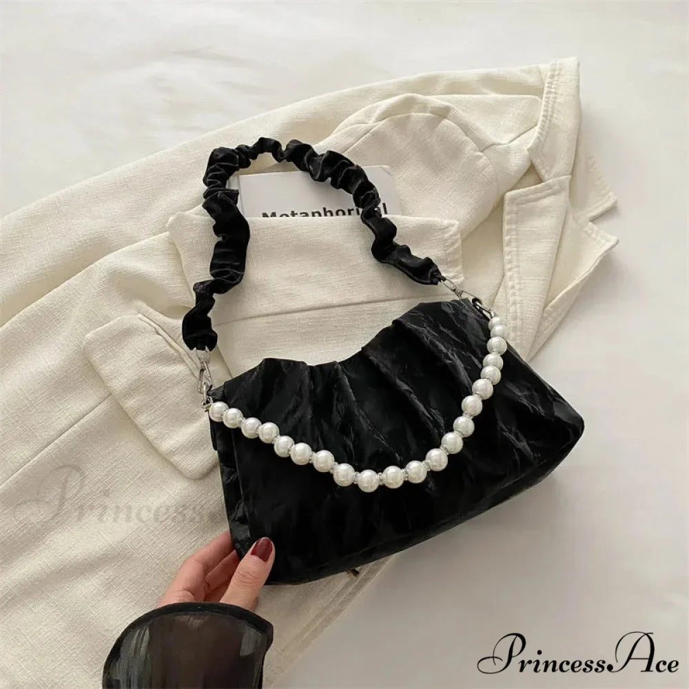 Beaded Chain Pleated Underarm Crossbody Handbag