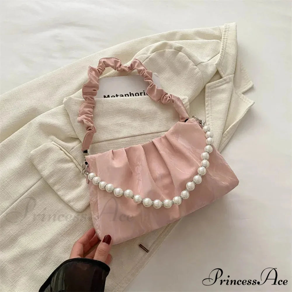 Beaded Chain Pleated Underarm Crossbody Handbag