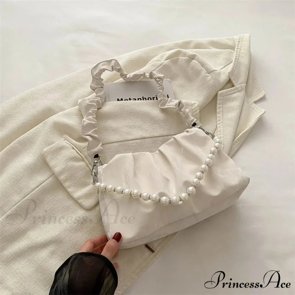 Beaded Chain Pleated Underarm Crossbody Handbag