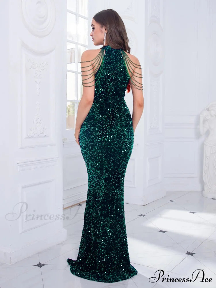 Beaded Sequin Halter Party Dress