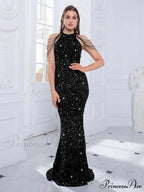 Beaded Sequin Halter Party Dress