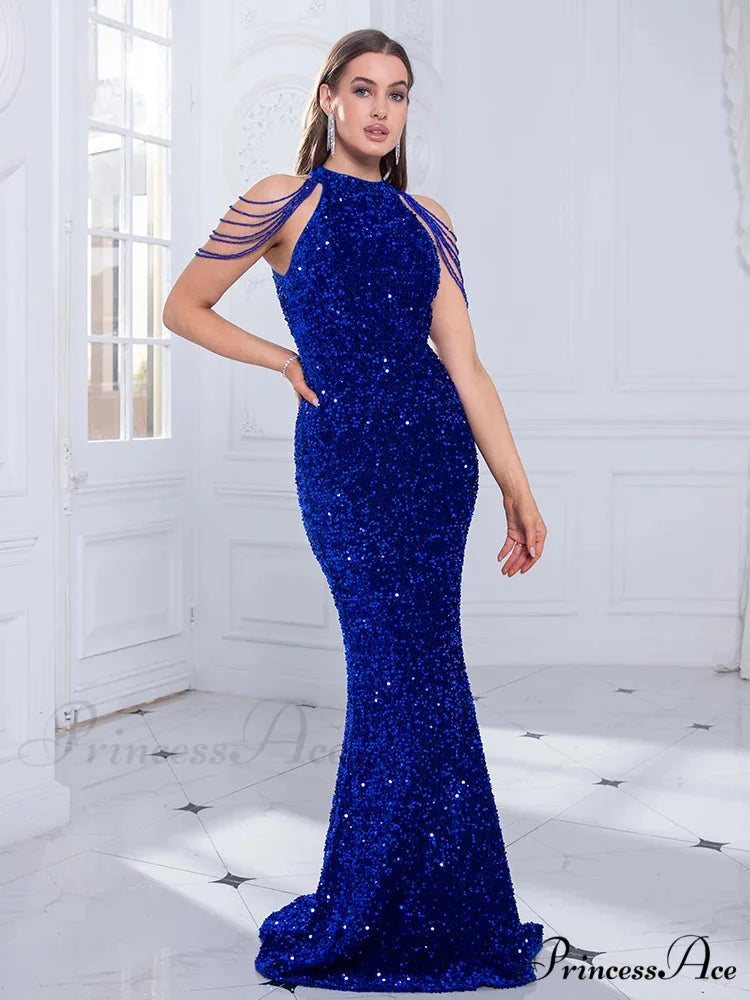 Beaded Sequin Halter Party Dress