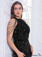 Beaded Sequin Halter Party Dress