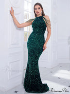 Beaded Sequin Halter Party Dress