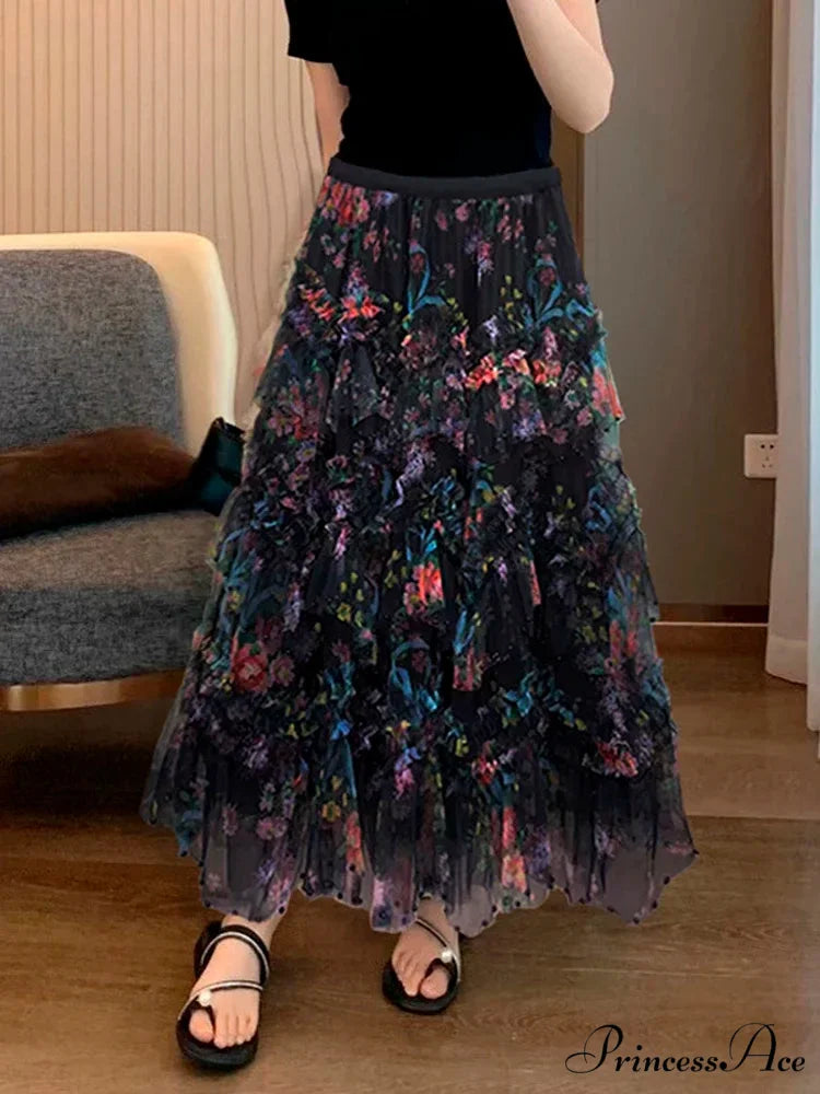 Beaded Sophisticated Uneven Mesh Tulle Skirt