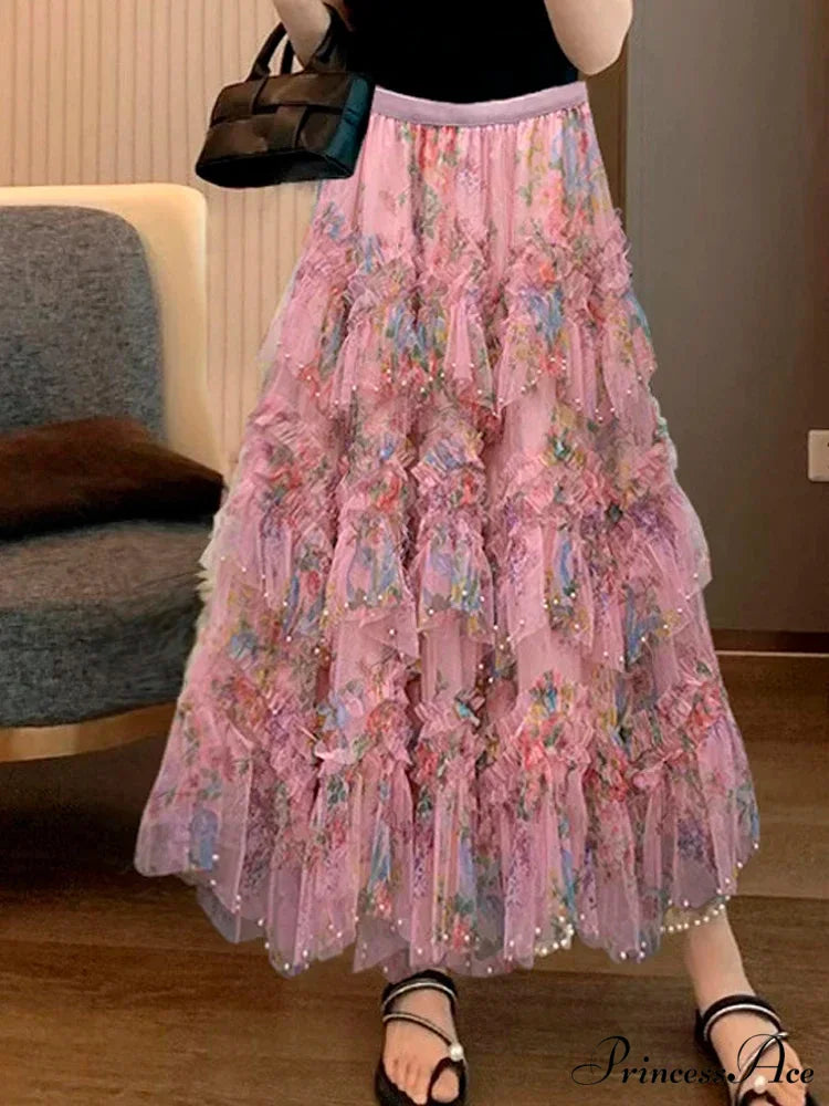Beaded Sophisticated Uneven Mesh Tulle Skirt