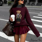 Bear Stitched Cartoon University Style Pullover