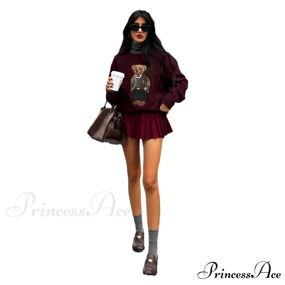 Bear Stitched Cartoon University Style Pullover