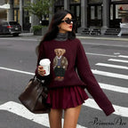 Bear Stitched Cartoon University Style Pullover