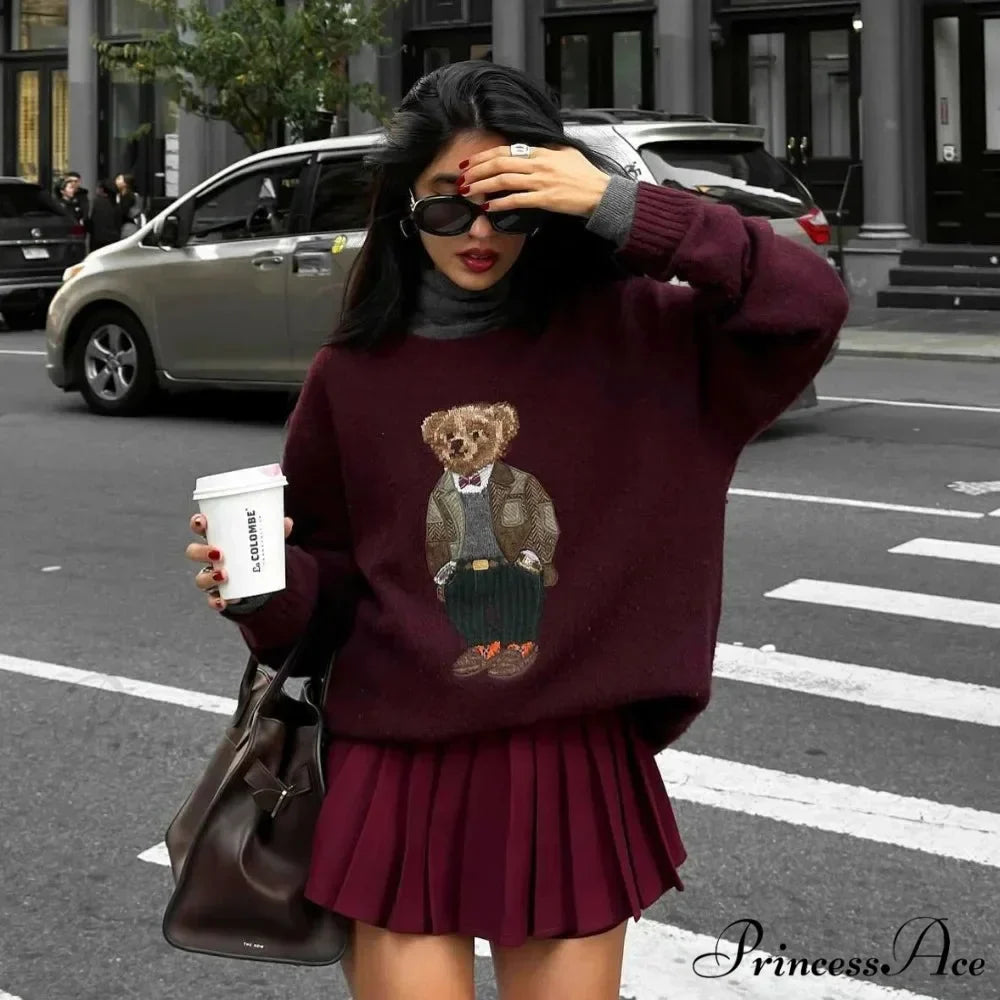 Bear Stitched Cartoon University Style Pullover