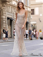 Beige See Through Deep V neck Side Slit Maxi Dress