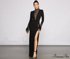 Beka Mesh And Heat Graceful Stone High Slit Dress