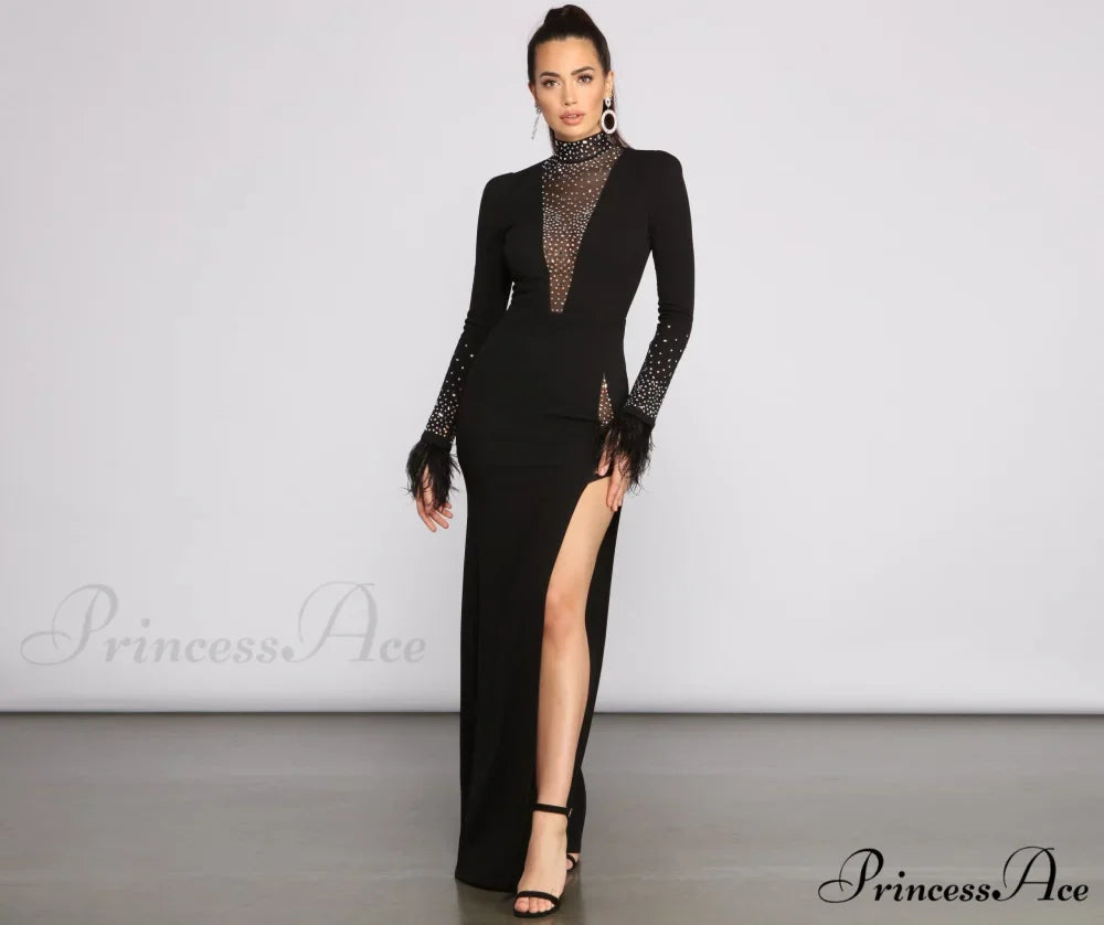 Beka Mesh And Heat Graceful Stone High Slit Dress