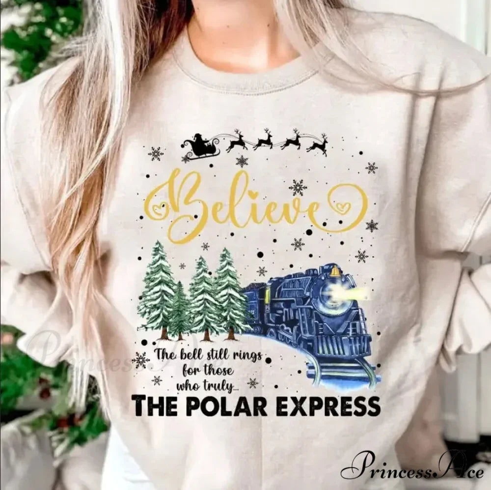 Bell Still Rings Slogan Train Print Voguish Vintage Christmas Hoodie