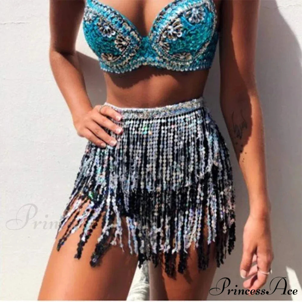 Belly Dance Glitter Sequins Wrap Tassel Skirt
