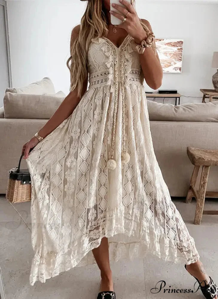 Beltless Sleeveless Plunging Neckline Fringe Lace Maxi White Bohemian Dress