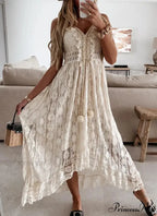 Beltless Sleeveless Plunging Neckline Fringe Lace Maxi White Bohemian Dress